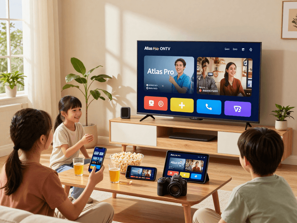 Famille profitant de l'application atlas pro ontv sur un grand téléviseur dans un salon moderne.