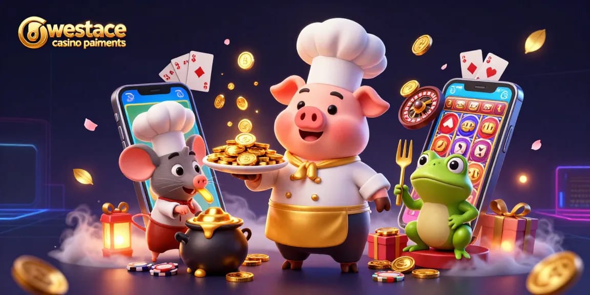Illustration dynamique des paiements au westace casino, chef, souris, et grenouille, plateforme de pièces d'or.
