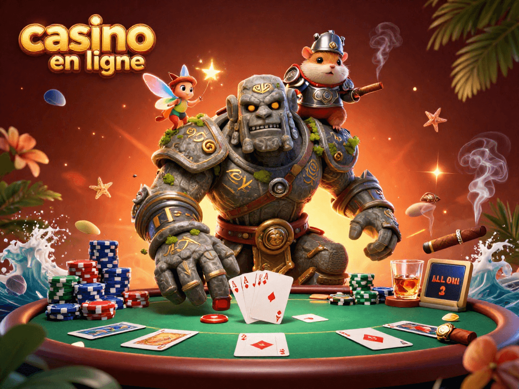 Les joueurs s'affrontent dans un casino en ligne animé avec des éléments de poker.