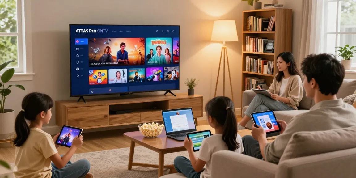 Famille utilisant Atlas pro ontv pour profiter d'un film en qualité HD dans leur salon cosy.