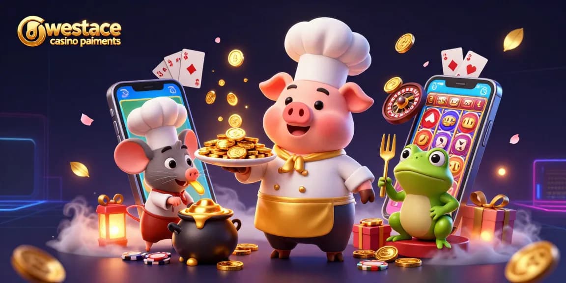 Illustration dynamique des paiements au westace casino, chef, souris, et grenouille, plateforme de pièces d'or.