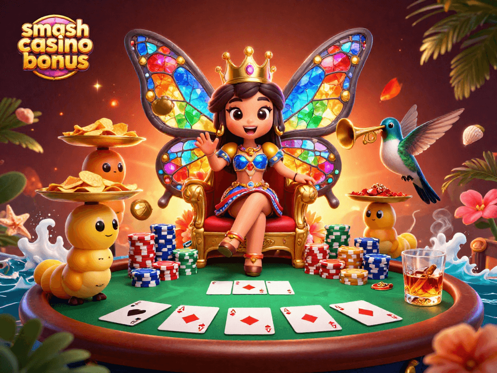 Participez au bonus Smash Casino, avec un visuel captivant de jeux de poker et de symboles de casino.