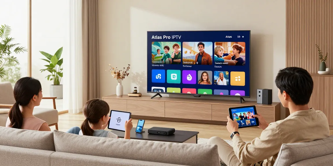 Famille heureuse utilisant Atlas pro IPTV pour regarder des films et séries en HD dans leur salon moderne.