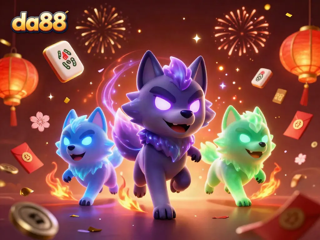 Experience thrilling gaming at da88 with vibrant wolf spirits amidst festive casino elements.