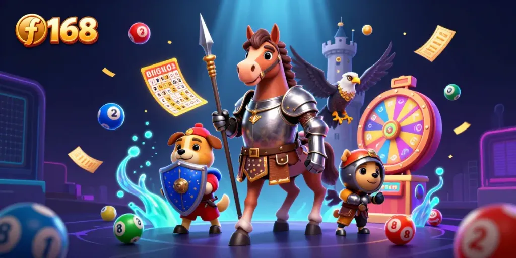 Engage with exciting games at f 168, a vibrant scene with dynamic lottery elements and characters.