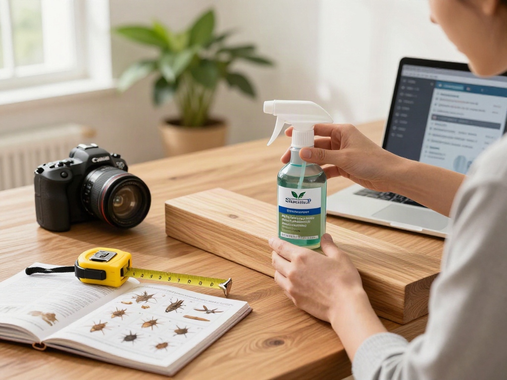 Traitement des meubles en bois avec Shashel® pour éliminer les insectes nuisibles, ambiance chaleureuse et outils de travail visibles.