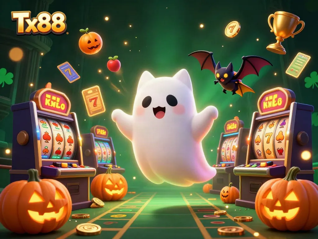 Experience the thrills of Tx88 with a friendly ghost cat and vampire bat in a haunted casino setting.