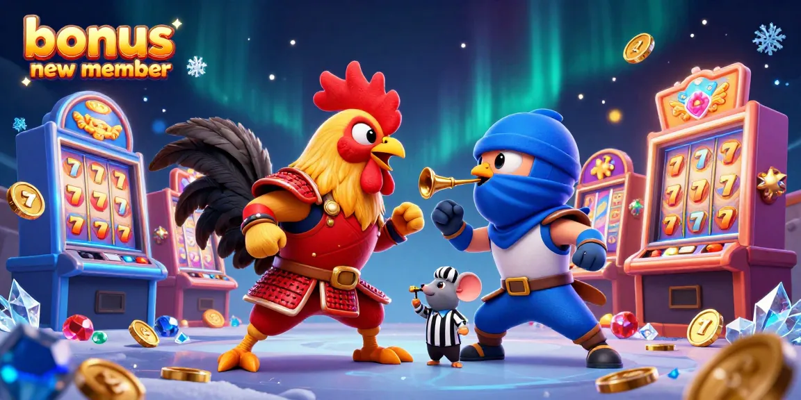 Engage with exciting bonus new member offers while watching cartoon roosters in a dynamic casino scene.