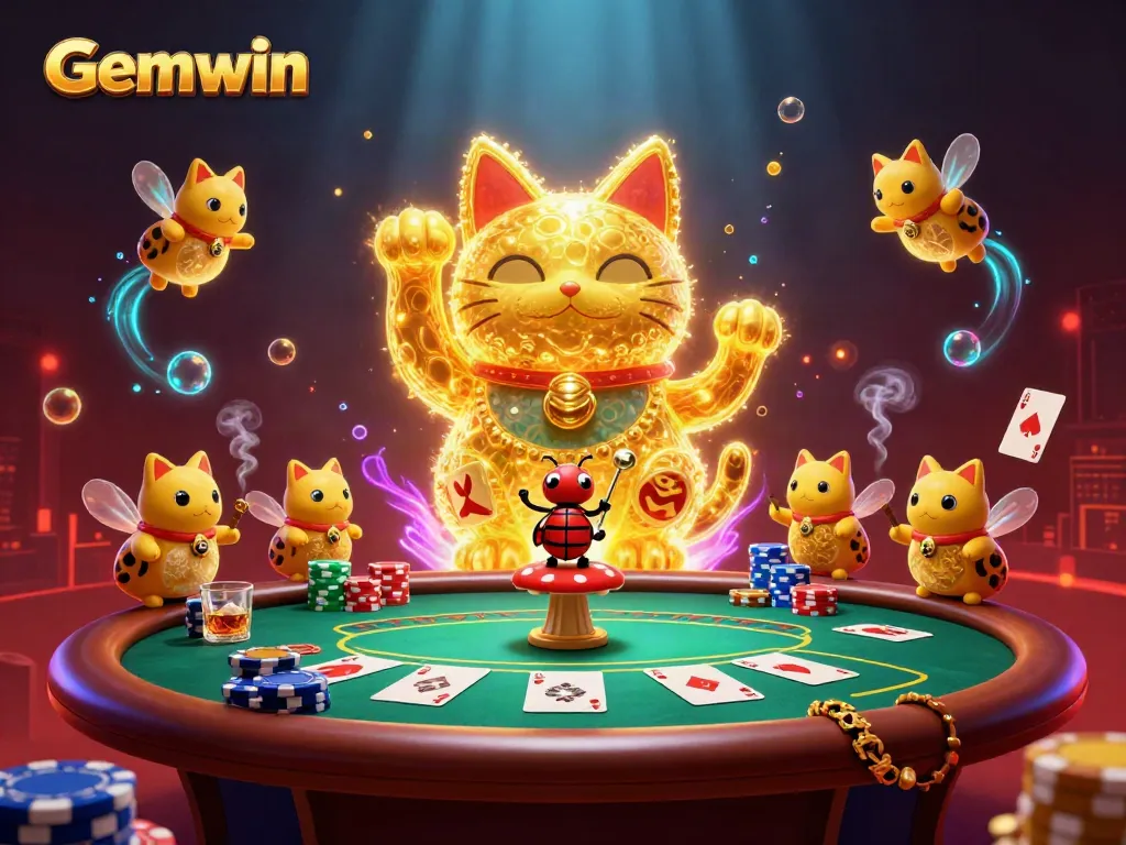 Experience Gemwin with an engaging animation of a lucky cat and poker table, embodying the thrill of gaming.