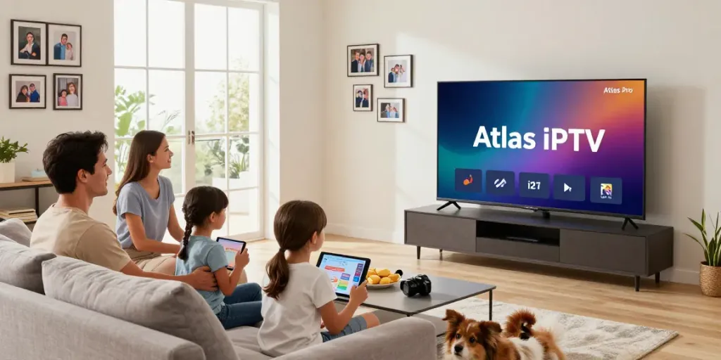Famille profitant d'Atlas Pro IPTV dans leur salon moderne