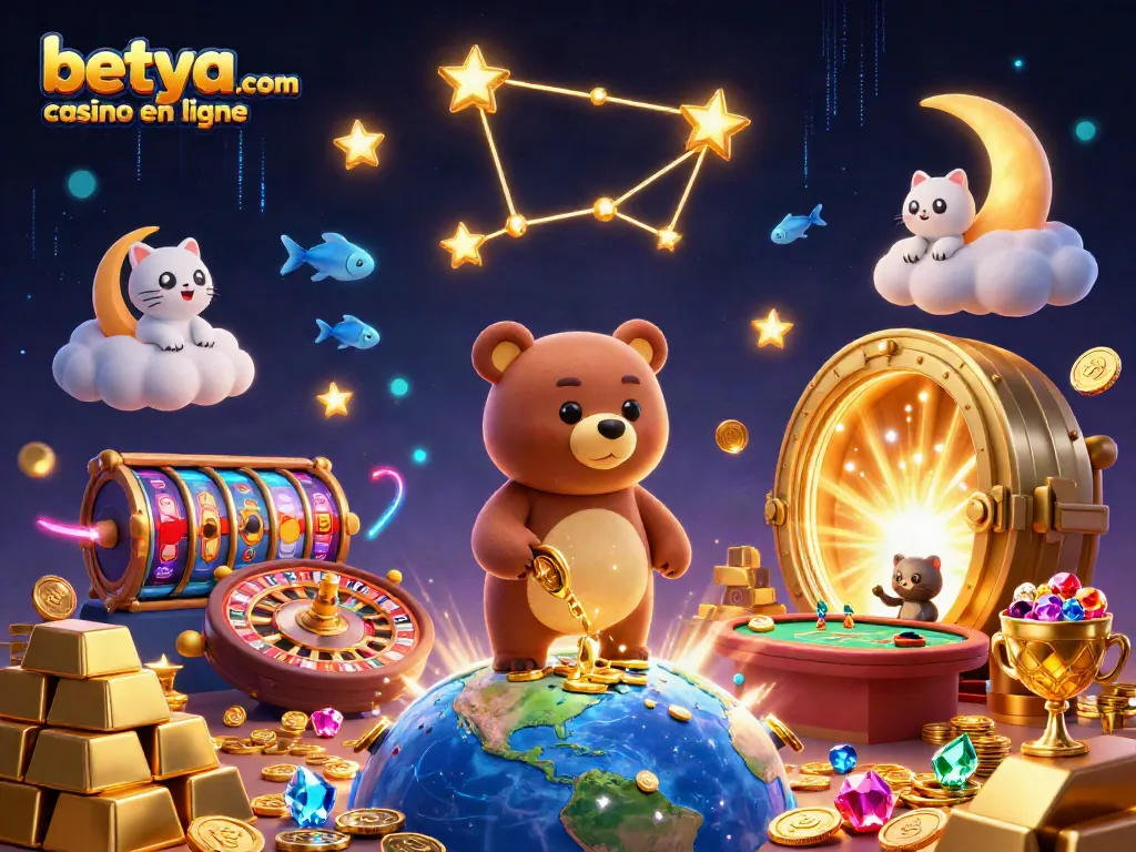 Experience the fun of betya.com casino en ligne with the magical 3D bear and casino elements.