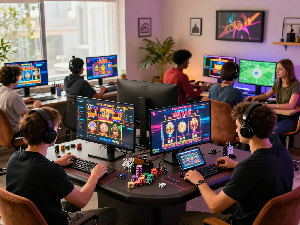 Une scène de casino en ligne avec des joueurs engagés, jouant à des jeux de casino numériques, atmosphère animée.