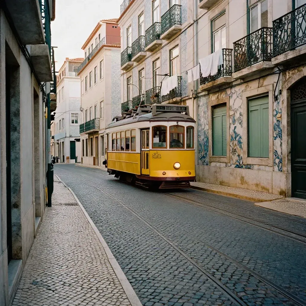 Ruelle de Lisbonne au matin, tram jaune, linge aux balcons et azulejos dans une lumière douce.