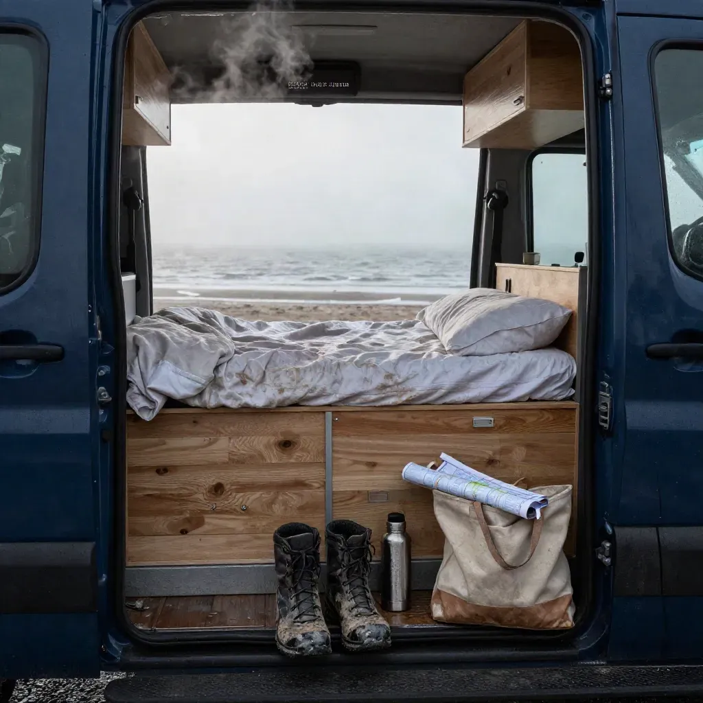 Van aménagé ouvert sur une côte atlantique brumeuse à l’aube, avec duvet et matériel de voyage.