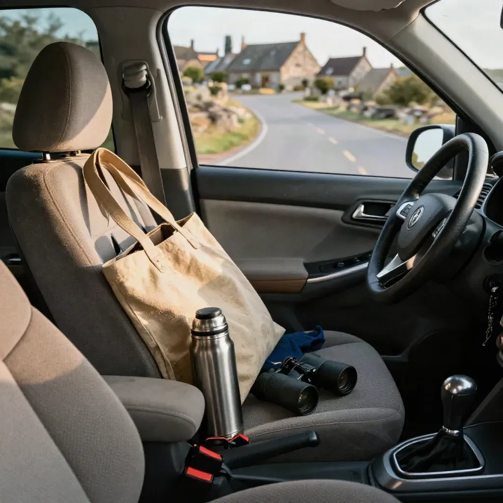 Vue depuis la banquette passager d’une voiture sur route de campagne, avec sac, thermos et jumelles.