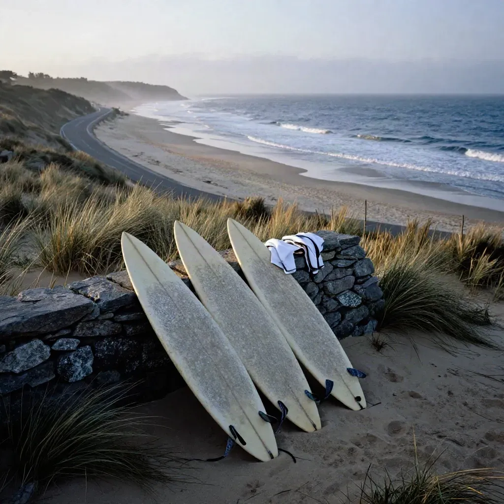 Planches de surf au lever du jour sur la côte basque, mer agitée et route côtière au loin.