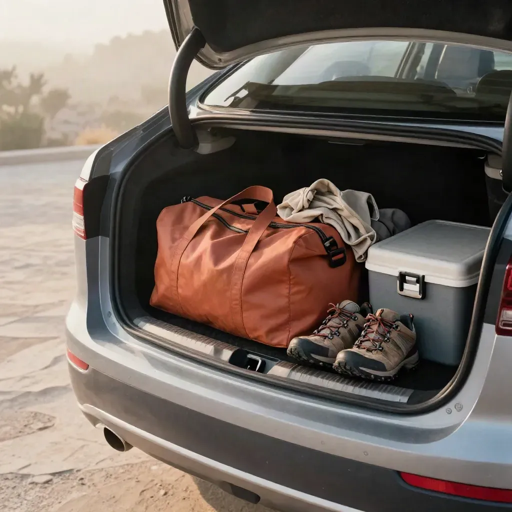 Coffre de voiture de voyage avec sac, chaussures et veste, juste avant le départ.