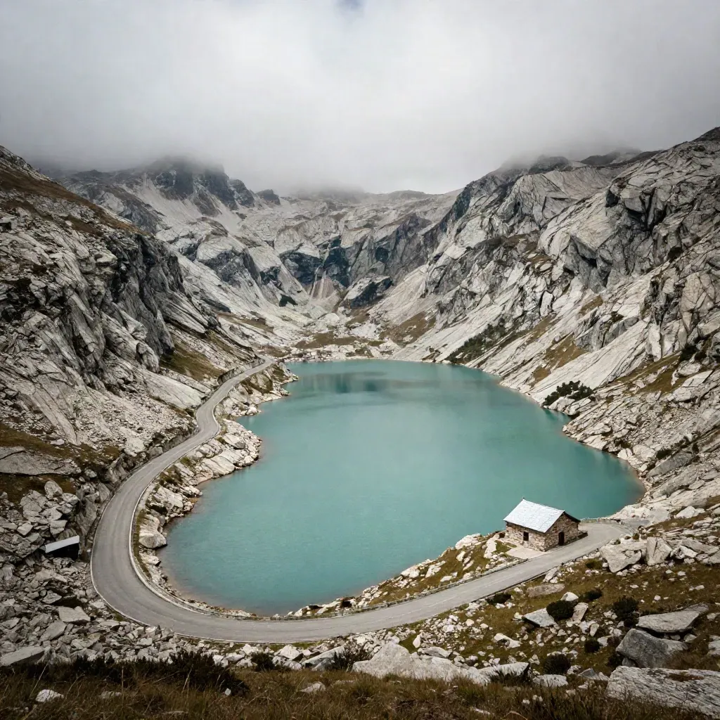 Lac alpin turquoise, route de col en lacets et refuge minuscule sous les nuages.
