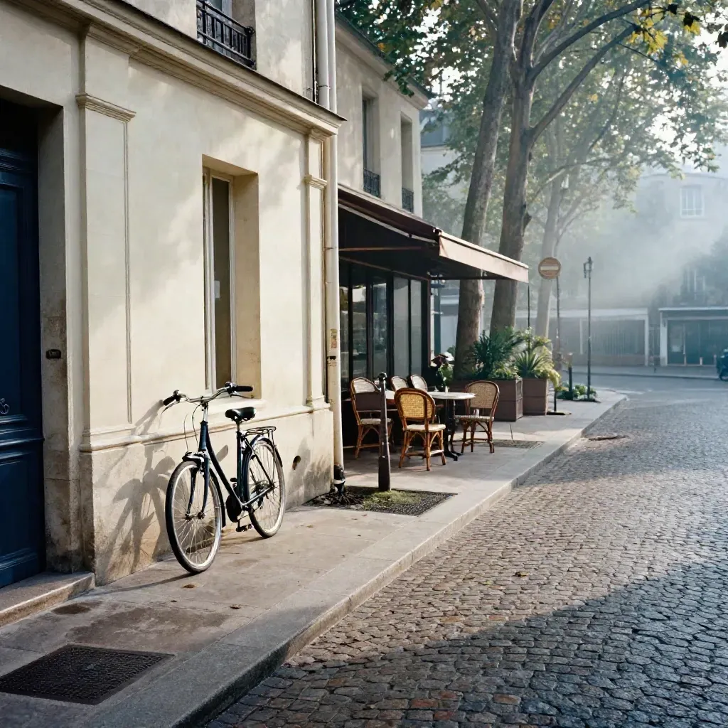 Passage parisien pavé, vélo adossé, café vide et arbres hauts dans une lumière douce du matin.
