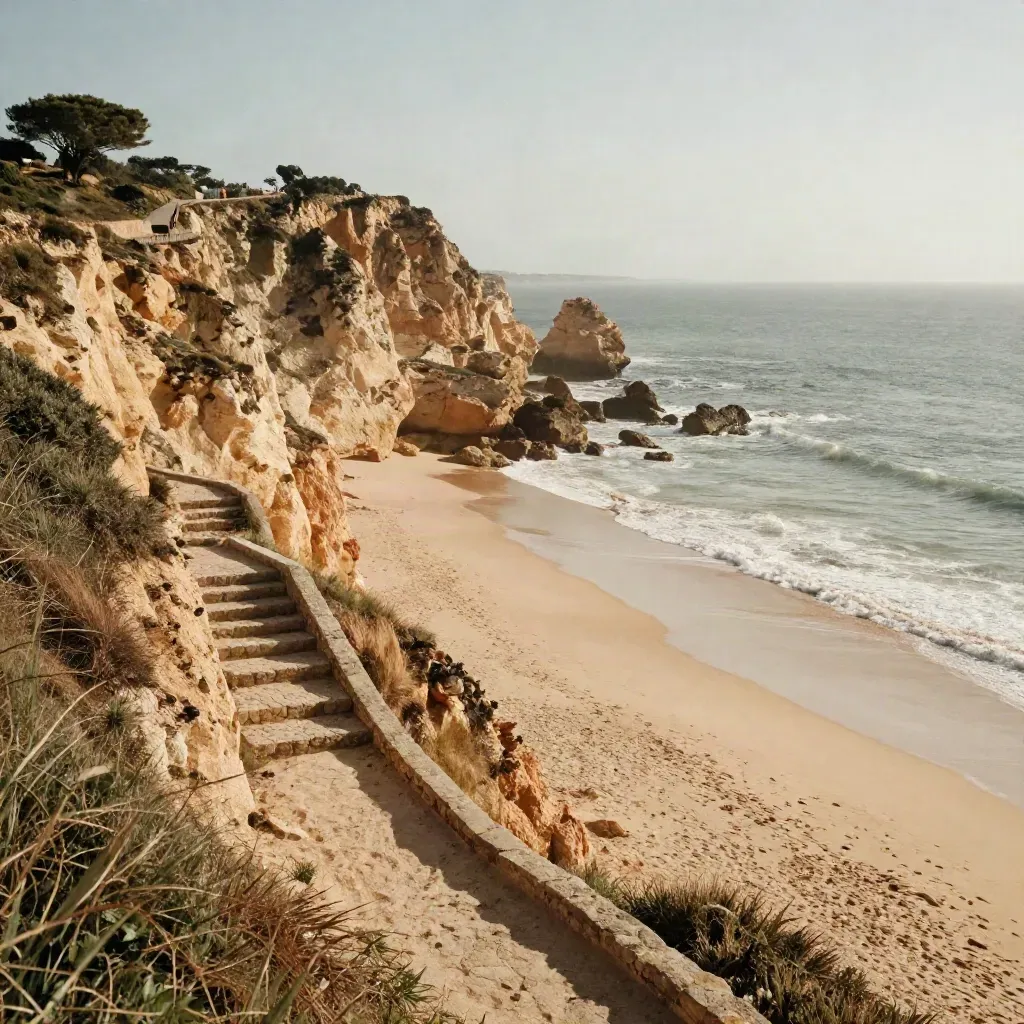 Falaises de l’Algarve hors saison au-dessus d’une plage vide, avec escaliers de pierre et route en crête.