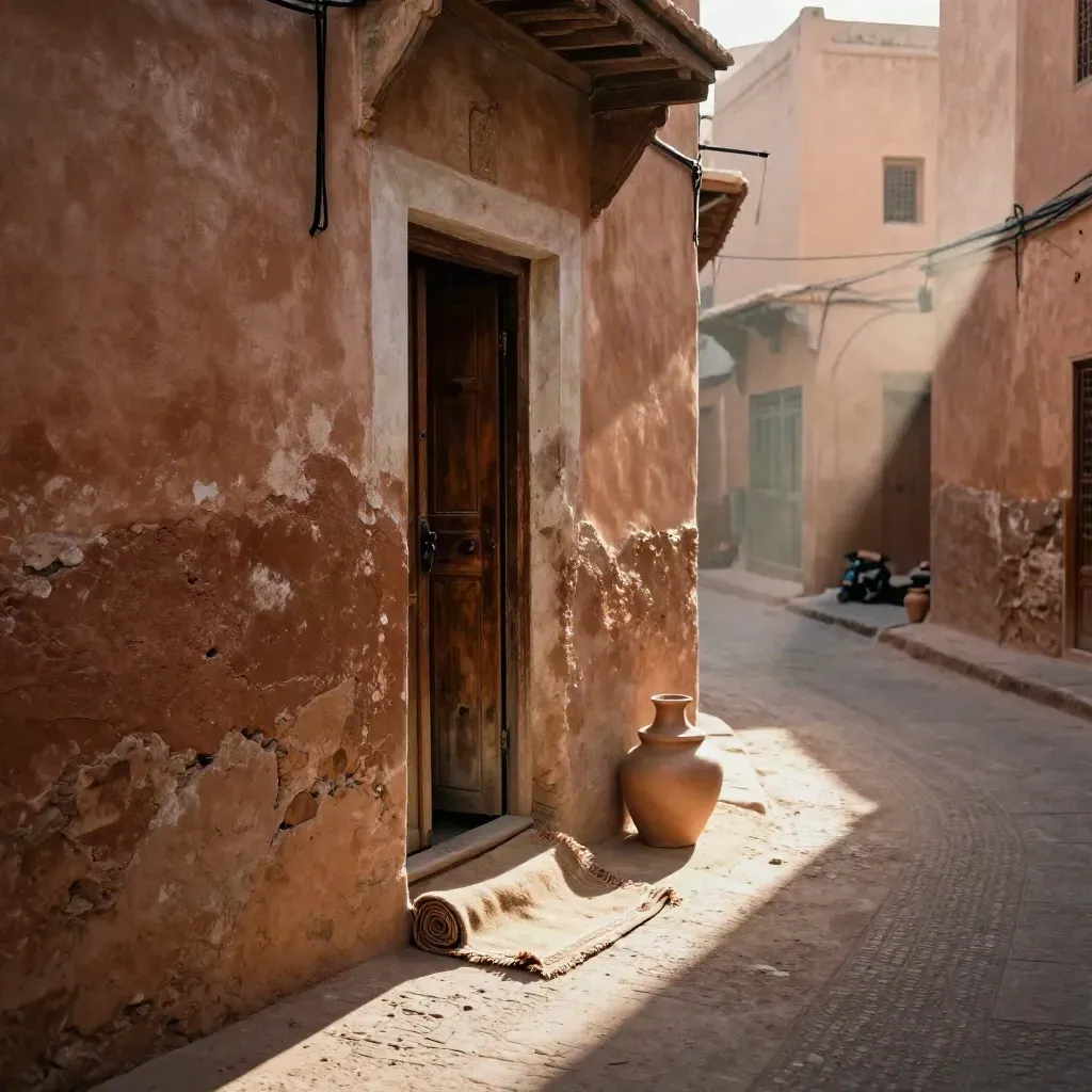 Ruelle de Marrakech en terre, porte usée, tapis roulé et poterie au seuil, lumière dorée.