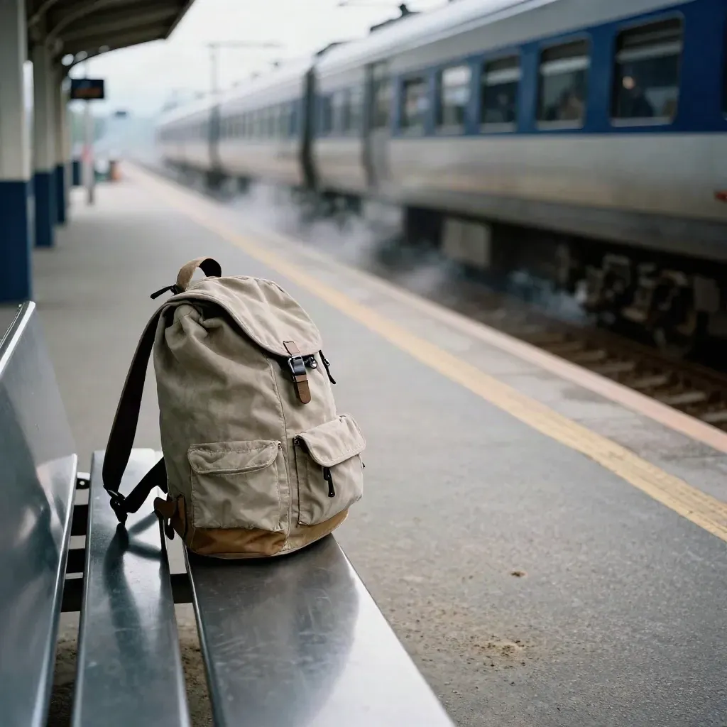 Sac léger sur un quai, train flou freinant dans une vapeur fine.
