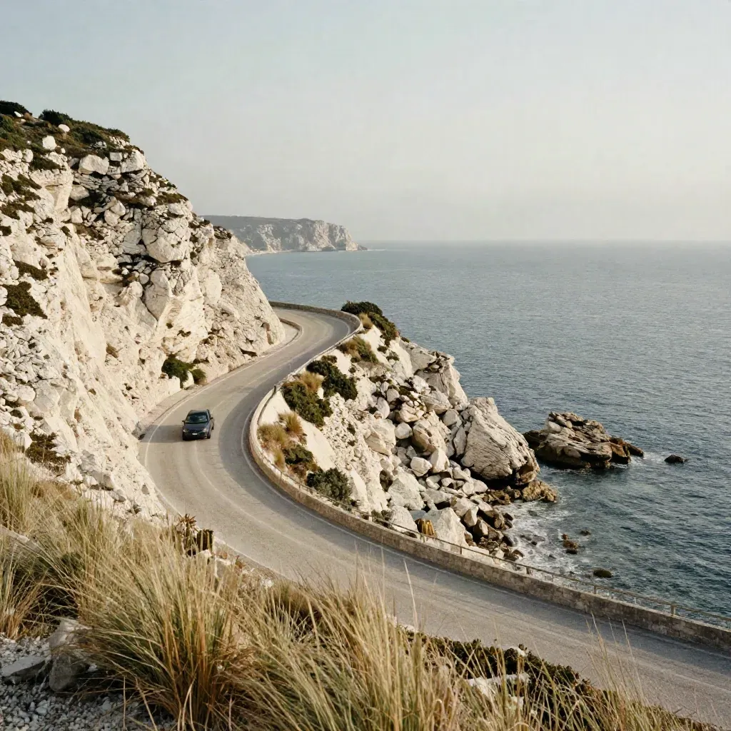 Route côtière en S au-dessus de l’eau, voiture minuscule, herbes hautes et crique cachée.