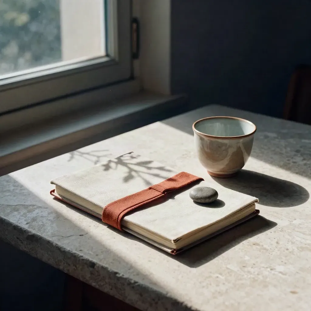 Table de pierre près d’une fenêtre ouverte, carnet fermé, galet, tasse vide et ombre de branche au matin.
