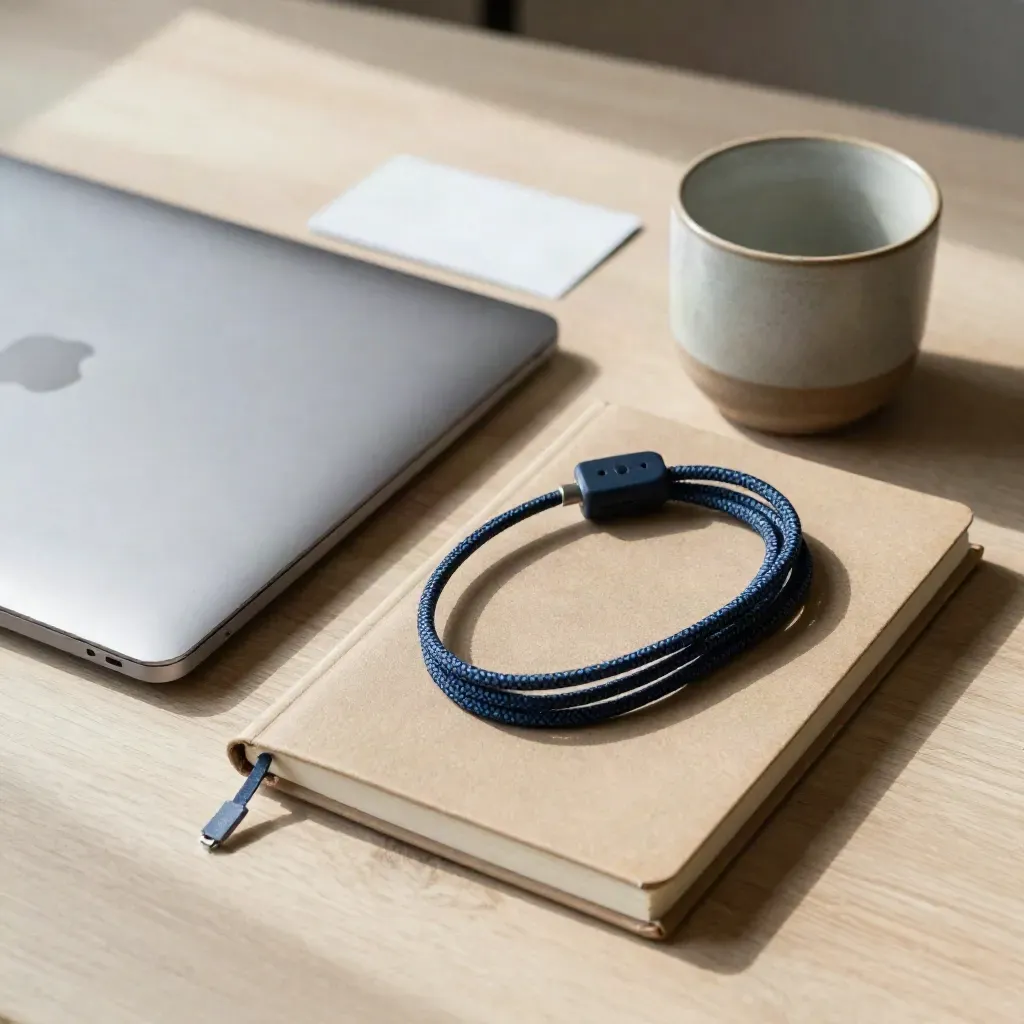 Ordinateur portable fermé, carnet épais, chargeur tressé et tasse mate sur bureau clair.