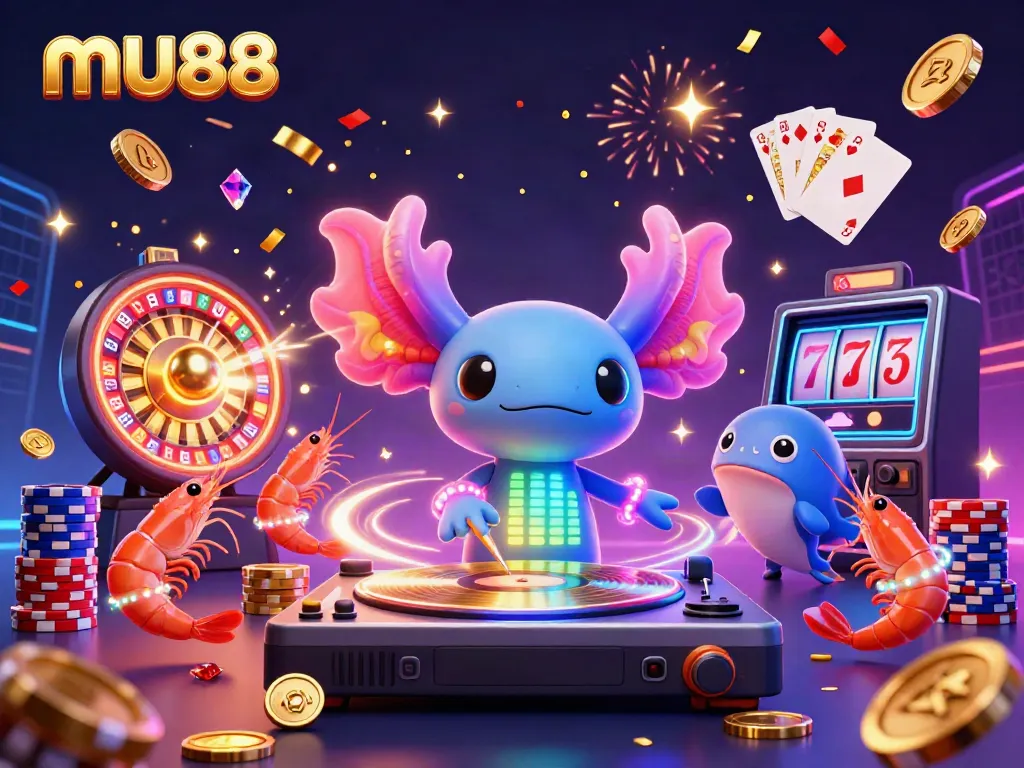 Engaging scene of mu88's vibrant underwater casino, featuring a neon axolotl DJ with golden coins and lively sea creatures.