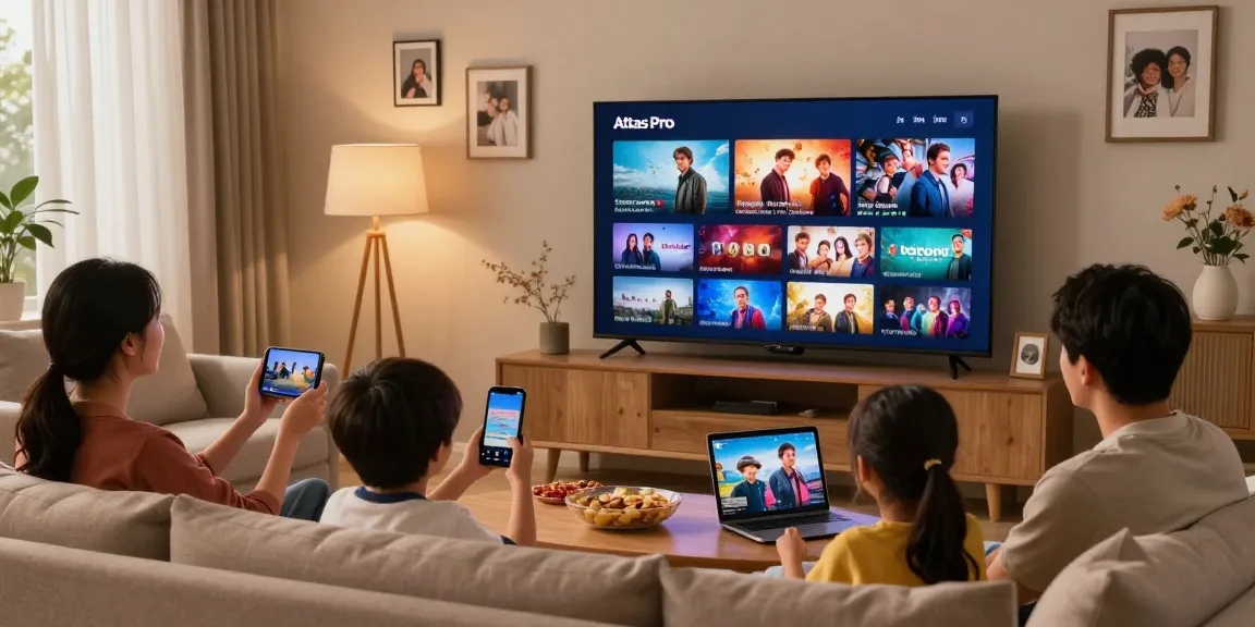 La famille profitant des contenus Atlas Pro sur un grand écran dans un salon chaleureux et accueillant.