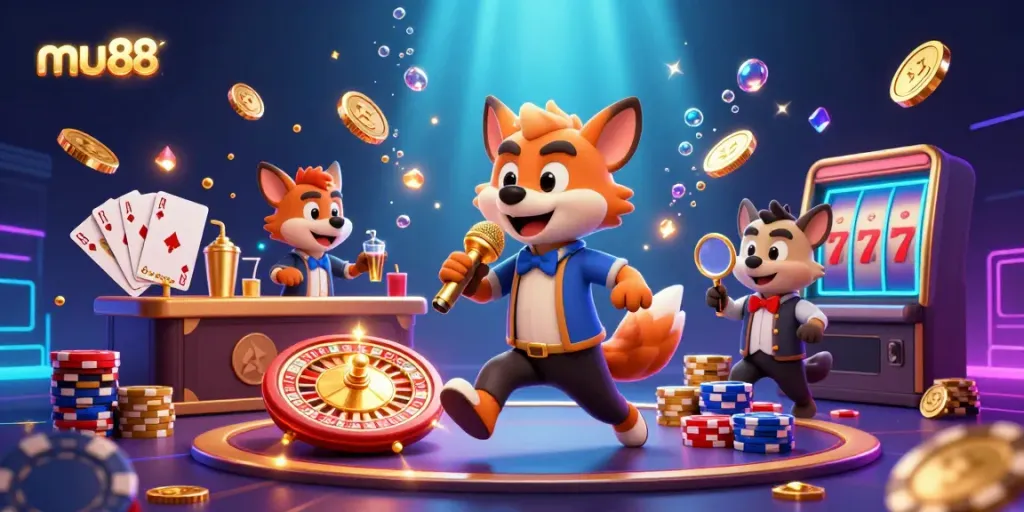 Engage in winning strategies with the vibrant mu88 cartoon casino scene, featuring hyenas in dynamic roles and casino elements.