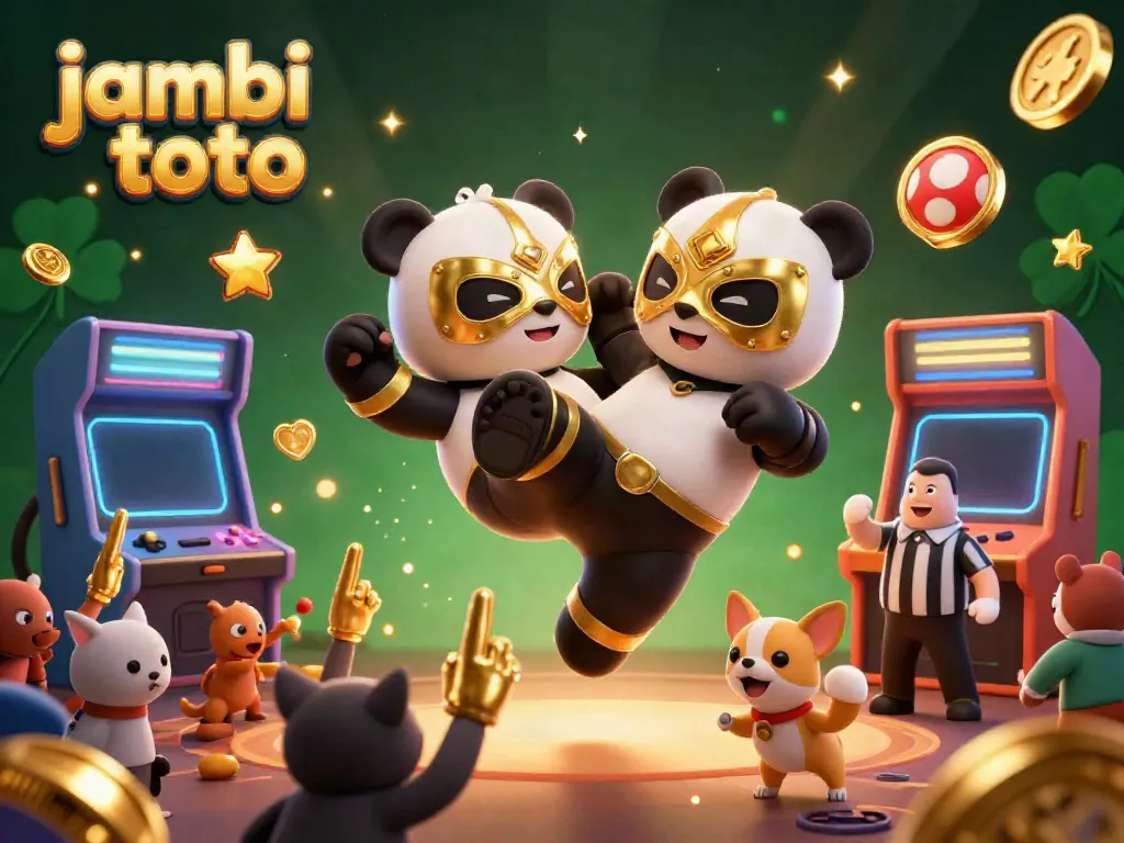 Exciting scene depicting jambi toto with a panda wrestler and cheering animal spectators around dynamic game elements.