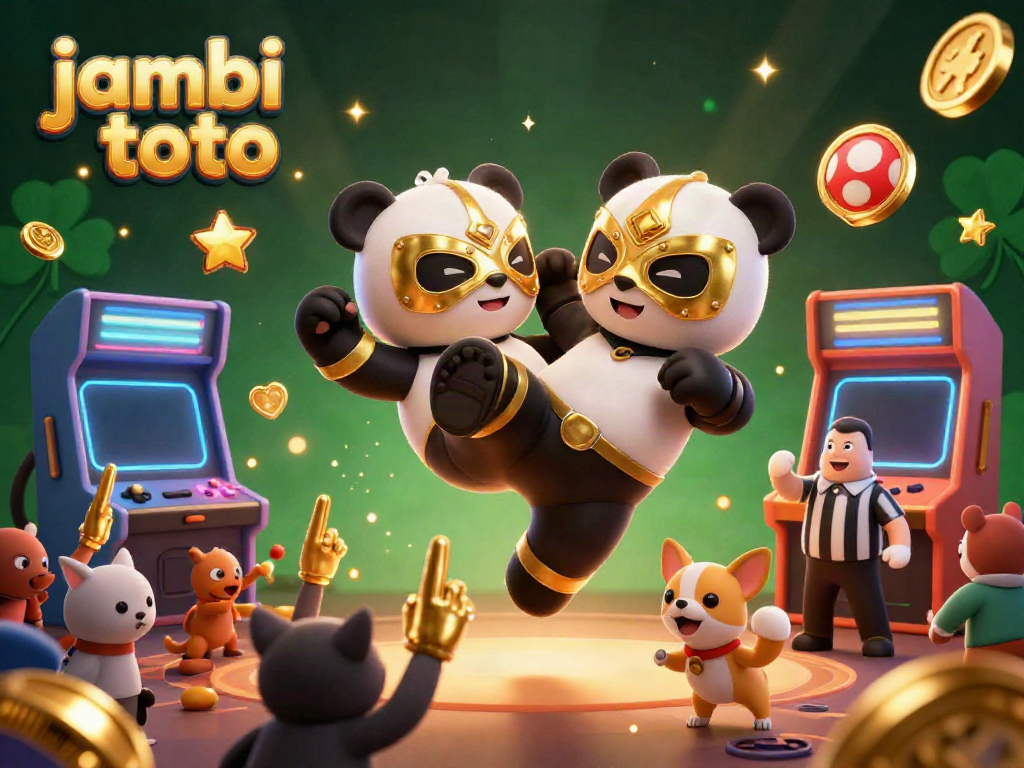 Exciting scene depicting jambi toto with a panda wrestler and cheering animal spectators around dynamic game elements.