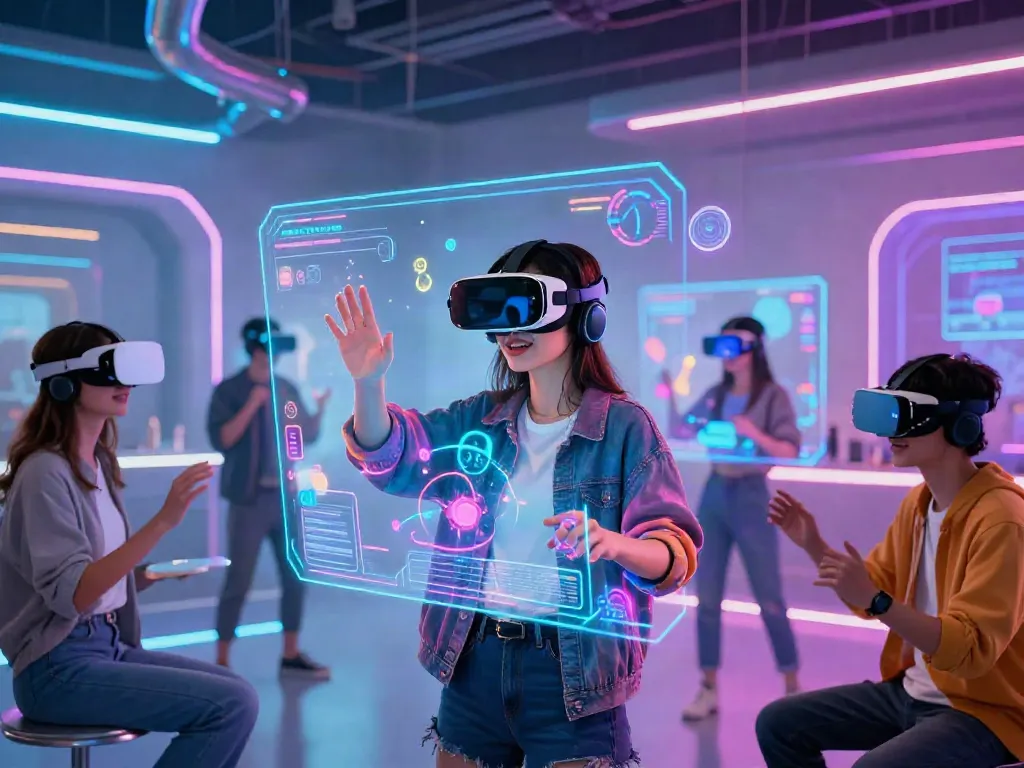 Immersive Futa AI virtual reality experience with avatar customization in vibrant digital space.