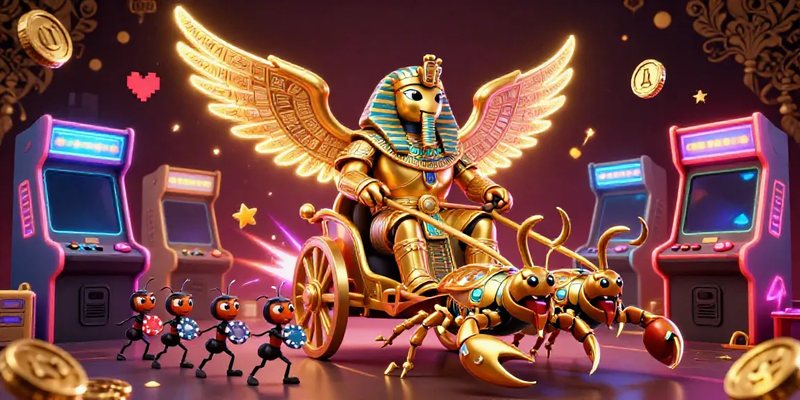 Experience the vibrant casino world of LC88 featuring a colossal golden scarab beetle and enchanting game elements.