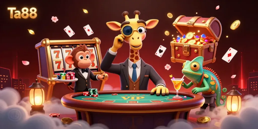 Experience the excitement of Ta88 with a high-roller giraffe at a luxurious poker table, vibrant casino elements.