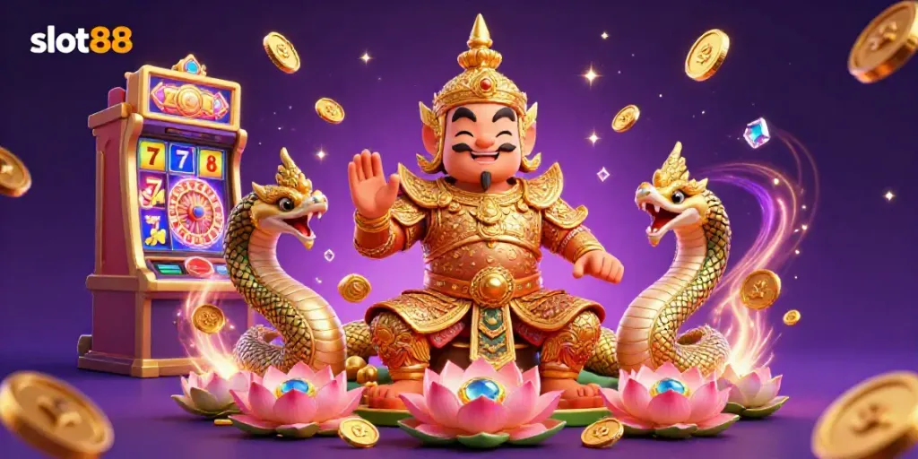Experience the thrill of slot88 with a vibrant 3D illustration showcasing a friendly Thai guardian and dynamic casino elements.