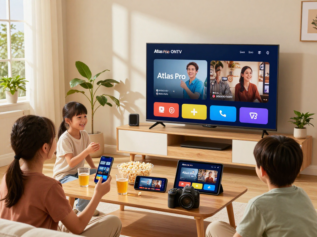 Famille profitant de l'application atlas pro ontv sur un grand téléviseur dans un salon moderne.