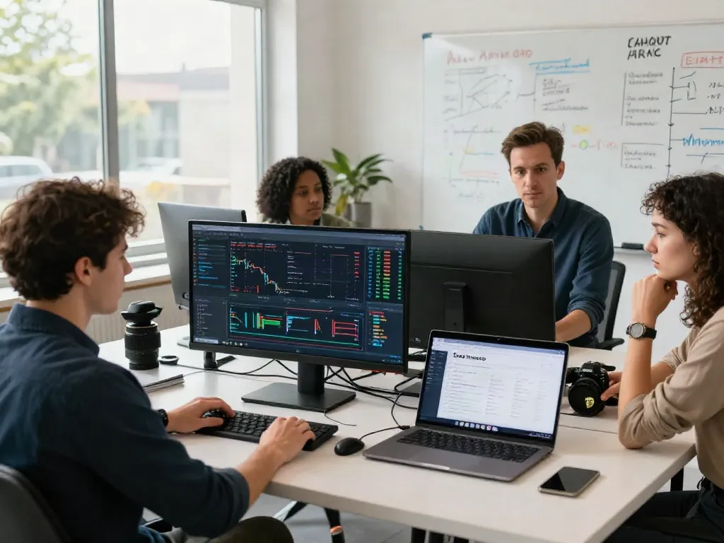 Utilisation de la plateforme Essor Invexaro dans un environnement de trading moderne avec des utilisateurs engagés et des outils technologiques.