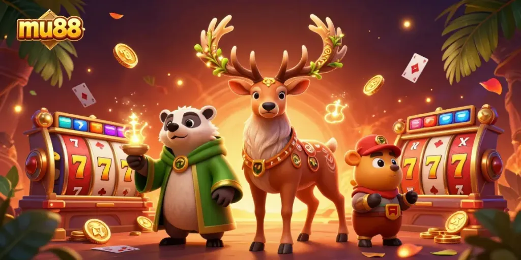 Experience the thrill of gaming at mu88 with a vibrant 3D casino illustration featuring a Celtic druid stag, draped in magic, and rich casino elements.