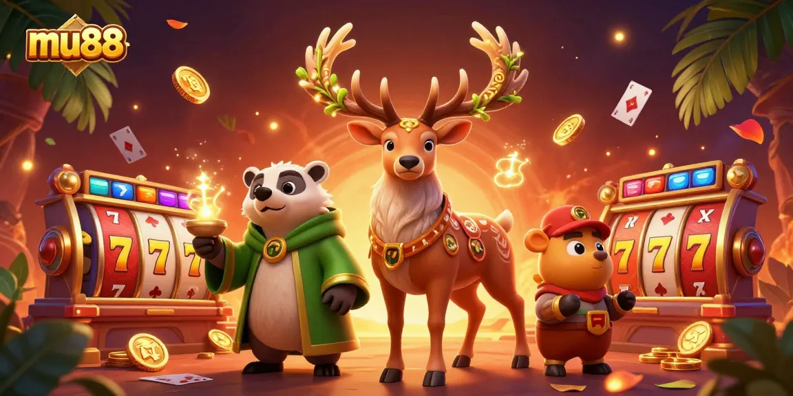 Experience the thrill of gaming at mu88 with a vibrant 3D casino illustration featuring a Celtic druid stag, draped in magic, and rich casino elements.