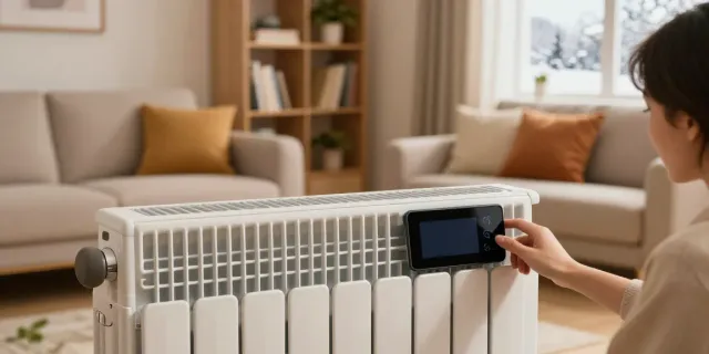 Radiateur à inertie sèche moderne dans un salon chaleureux avec réglages via smartphone.
