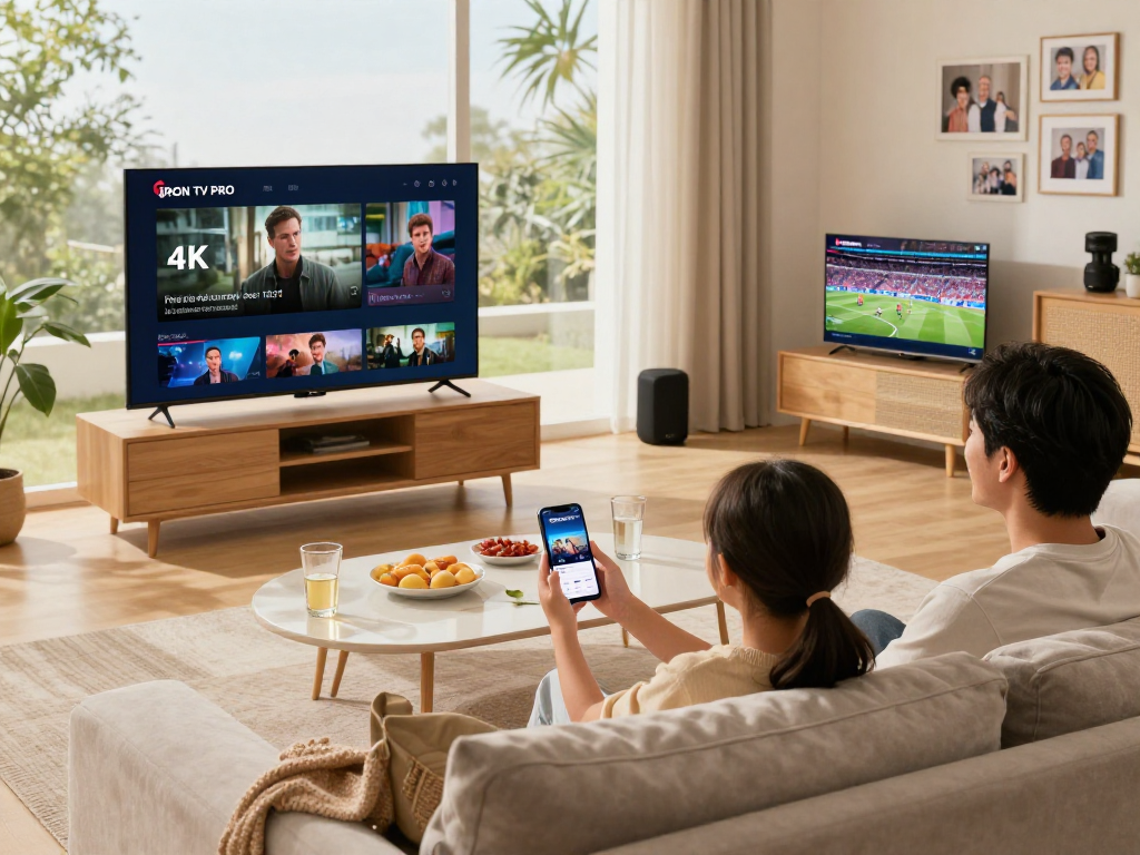Famille profitant des services de streaming Iron TV Pro dans leur salon moderne.